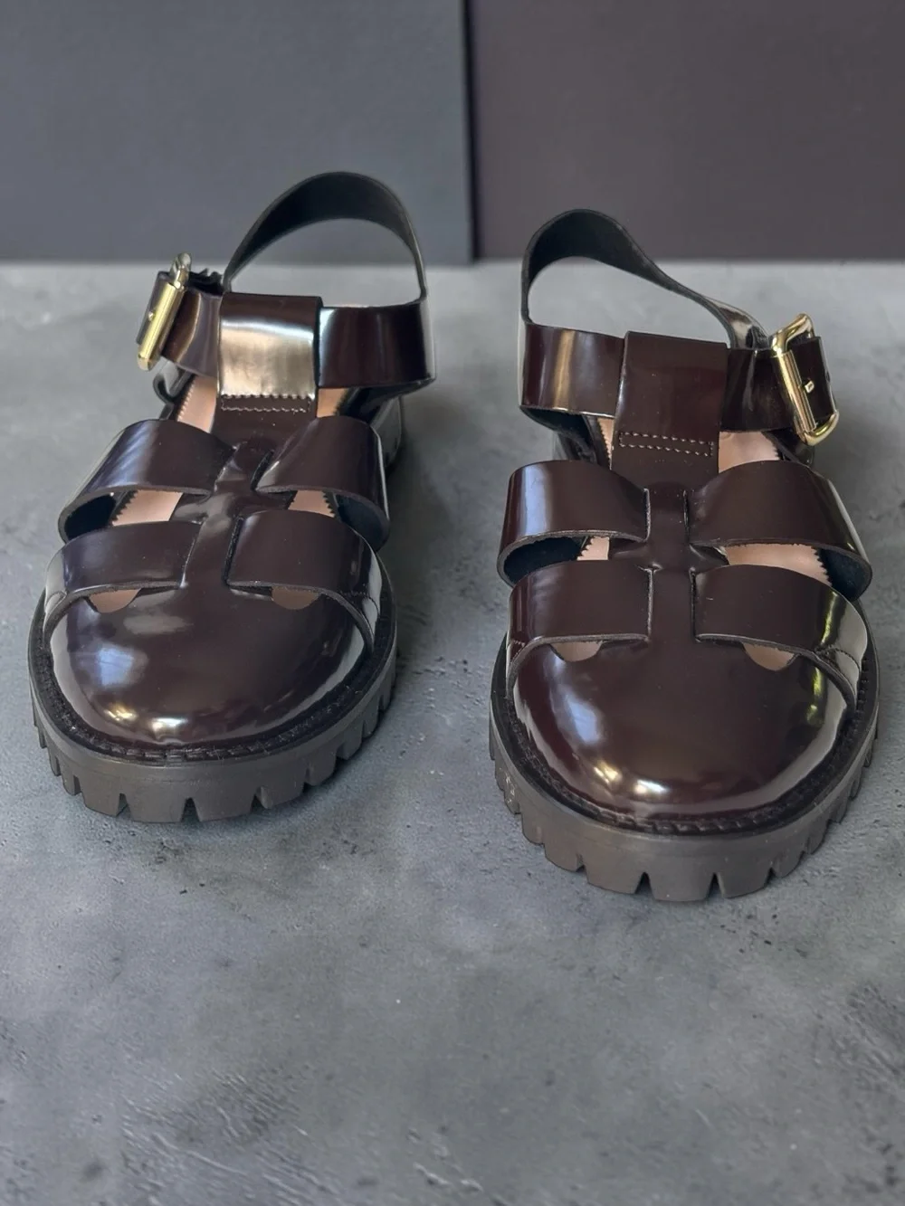 J. Crew Fisherman lug-sole sandals in Rich Hickory with gold toned buck|e | 7.5